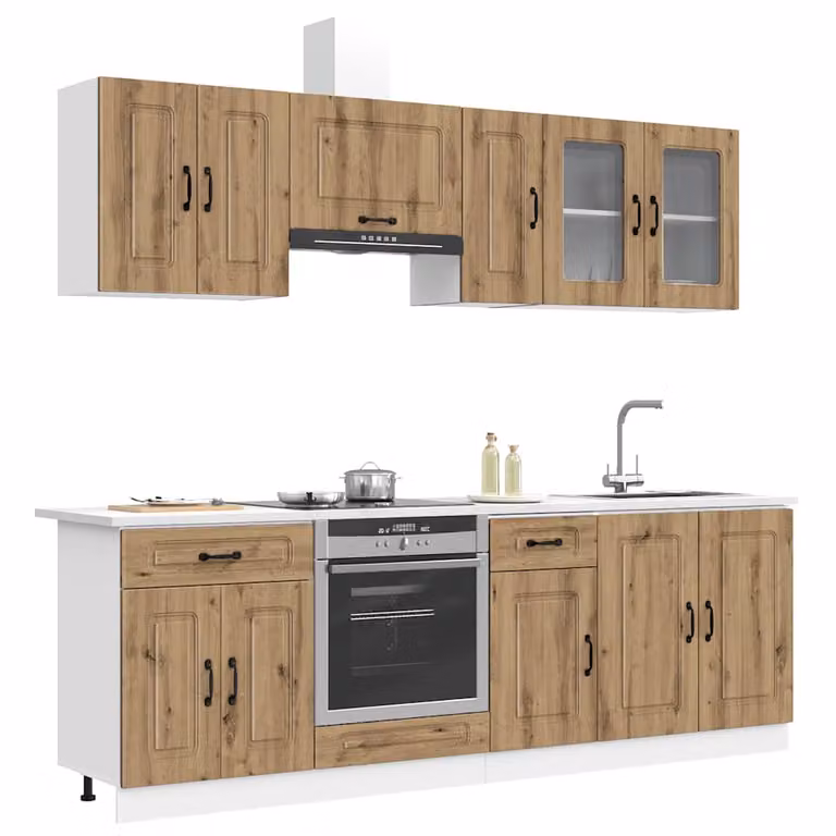 Set di mobili da cucina moderno vidaXL Kalmar in 8 pezzi color rovere con ante in vetro e ripiani interni, L/P/H: 240 x 60 x 81,5 cm