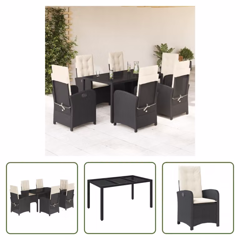 The Living Store Set da pranzo da giardino 7 pezzi con cuscini in polirattan nero