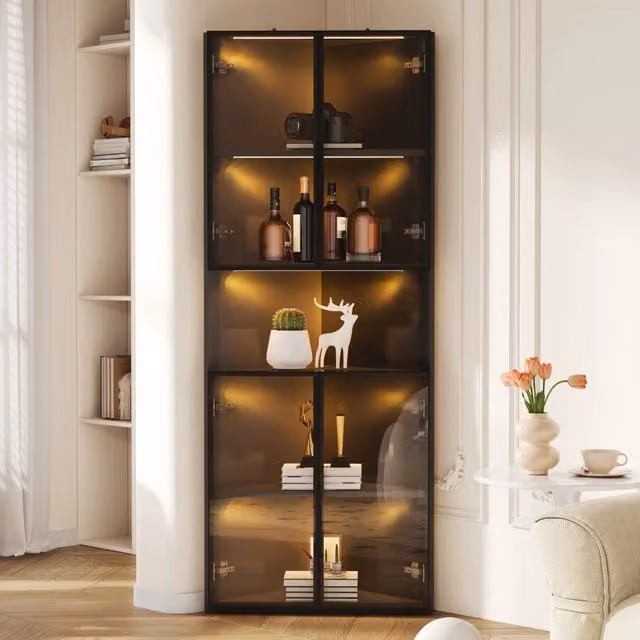 Vetrina angolare, mobile ad angolo, ante in vetro, illuminazione a LED, 62x32x160 cm, nero