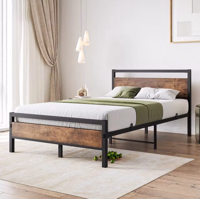Letto singolo ULEVR 140x200 cm con rete a doghe in acciaio, testiera e pediera in MDF, marrone antico