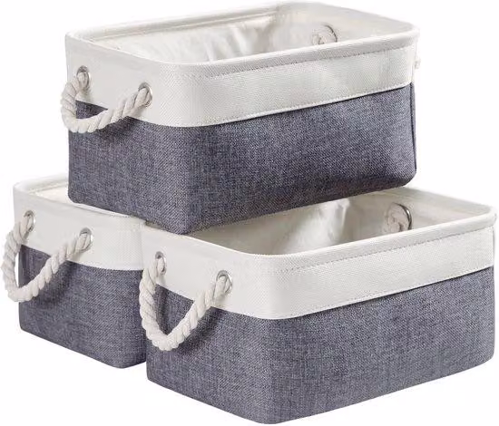 Ibenzoa® Set di 3 contenitori pieghevoli in tessuto, dimensioni 36x26x18 cm – lino/cotone/poliestere, grigio e bianco, salvaspazio, ideali per giocattoli, vestiti, libri