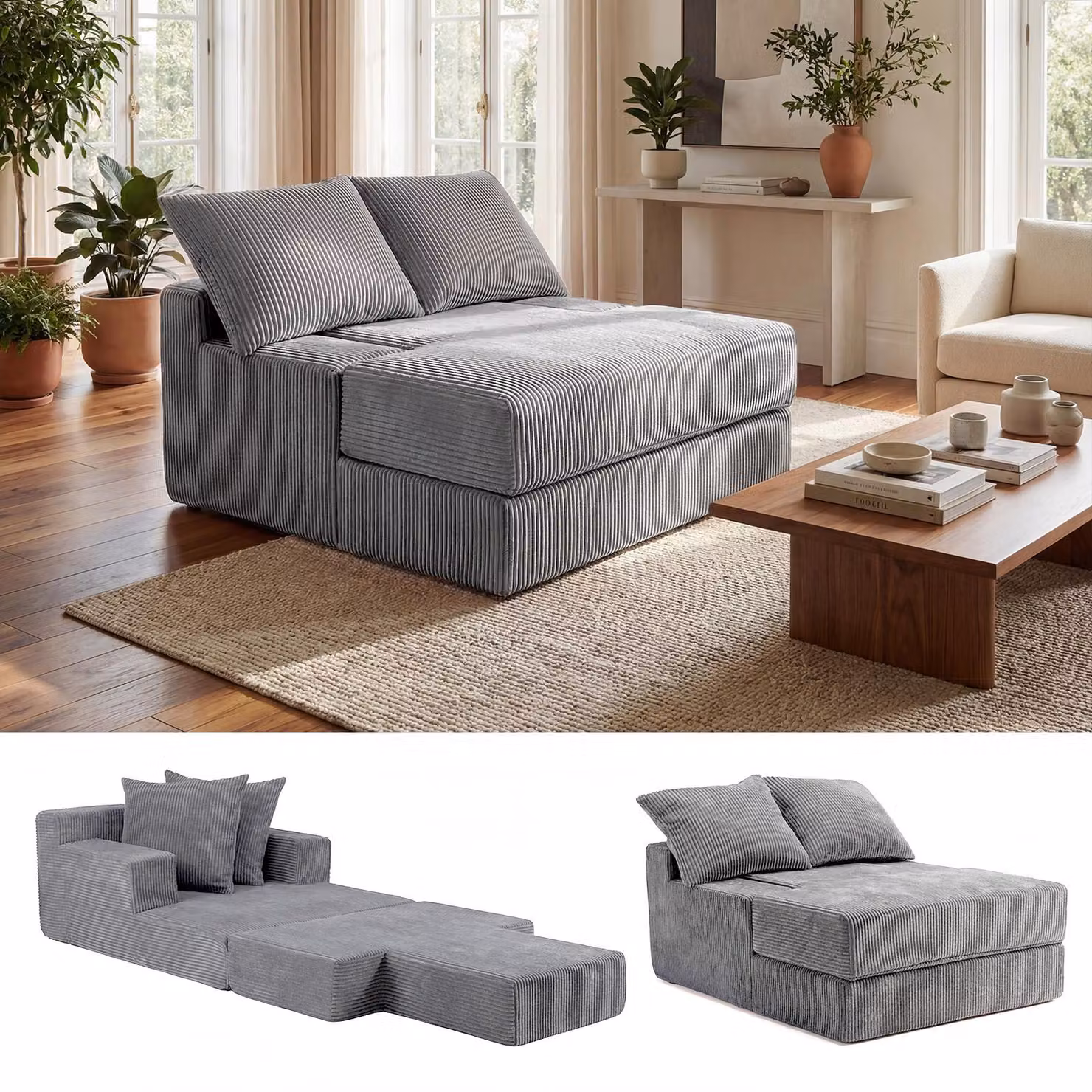 Divano letto 2 in 1 COSTWAY con funzione letto, divano da terra in pile color corallo, divano letto senza struttura rigida con 2 cuscini e rivestimento lavabile, divano a compressione