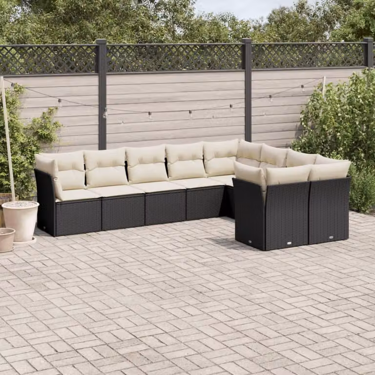 Set di Divani da Giardino vidaXL 9 pz in Polyrattan Nero con Cuscini Imbottiti e Rivestimenti Rimovibili
