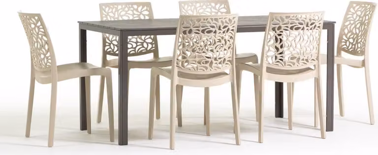 Set da pranzo per esterni con tavolo rettangolare 156x78 cm e 6 sedie impilabili in resina rinforzata con fibra di vetro - design moderno in look legno, ideale per giardino, terrazza e aree esterne coperte - THOMAS+ANNA - crema/tortora