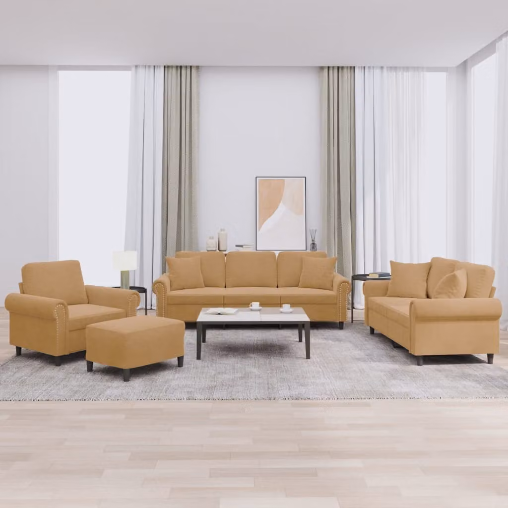 SYFAX™ Set di Divani 4 pz con Cuscini Marrone in Velluto