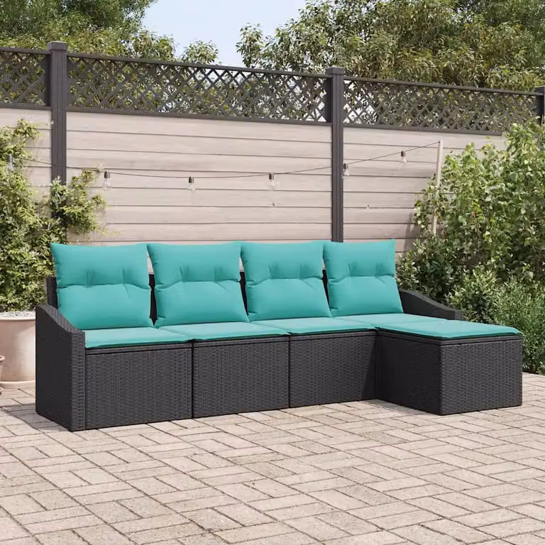 Set di divani da giardino vidaXL a forma di L composto da 5 pezzi con pouf, colore nero e cuscini turchesi, struttura in metallo e rattan resistente alle intemperie