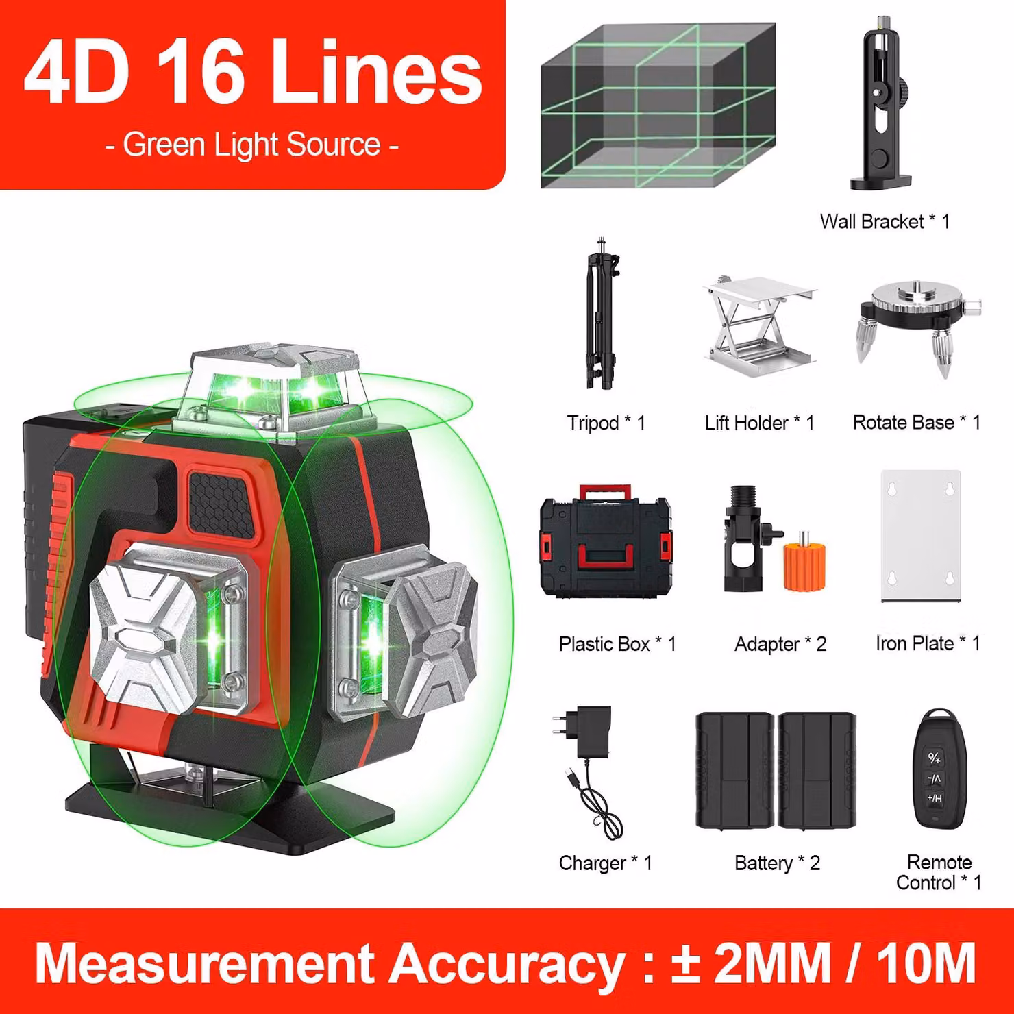 Livella laser a 4D - 16 linee - Livellamento automatico a 3,5° - 360° orizzontale e verticale - Luce laser verde - Include treppiede e custodia in plastica