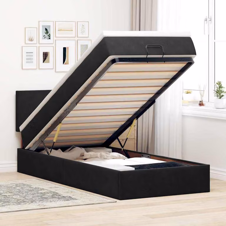 Letto con contenitore a sollevamento e materasso vidaXL in velluto nero, dotato di illuminazione sottostante e porte USB, L/P/H: 203 x 140 x 100 cm