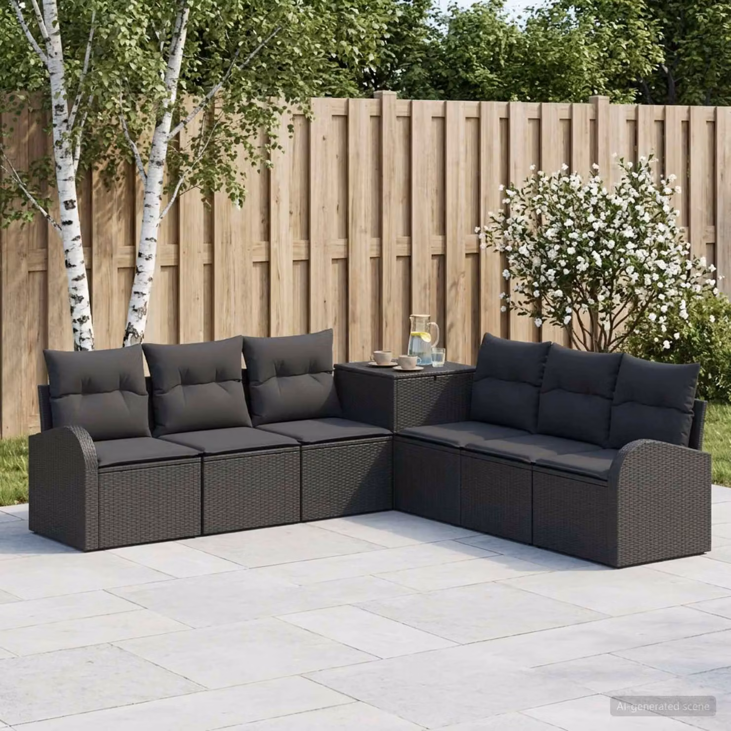 Set di divani da giardino vidaXL 7 pz in polyrattan nero con cuscini e struttura in metallo a forma di L