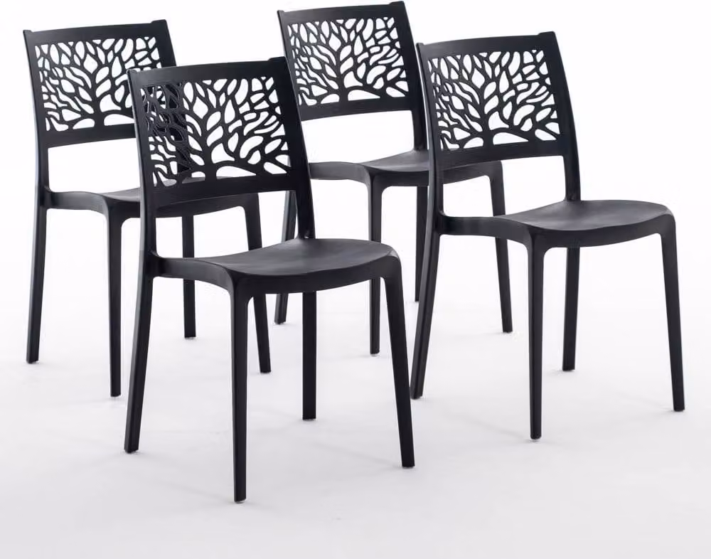 set di 4 sedie impilabili in polipropilene con fibra di vetro per uso esterno e giardino, bar e ristorante, cucina design moderno - FLORA - Nero