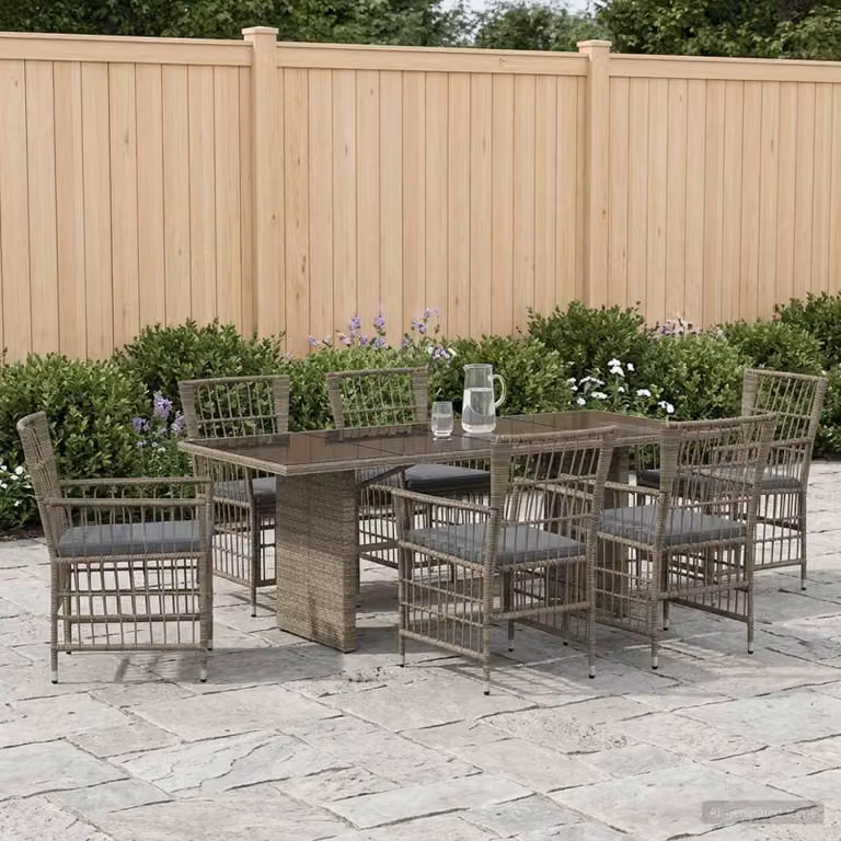Set da pranzo per esterni vidaXL in polyrattan e vetro Grigio, 7 pezzi
