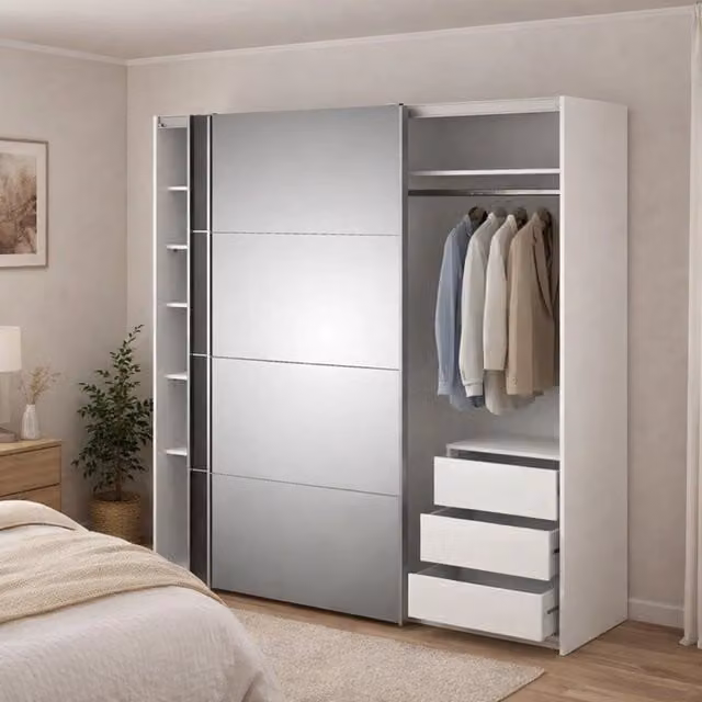 Armadio con ante scorrevoli DMORA per camera da letto, Bianco e Grigio, L: 182 cm, P: 64 cm, H: 201,5 cm