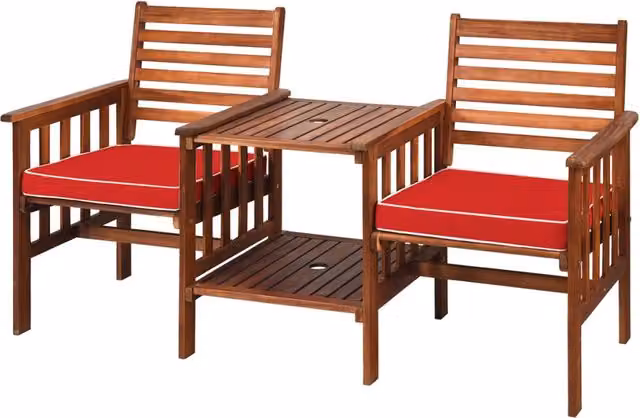 Set di sedie e tavolo in legno di acacia per esterni con foro per ombrello da 5cm, Set di mobili a 2 posti Rosso