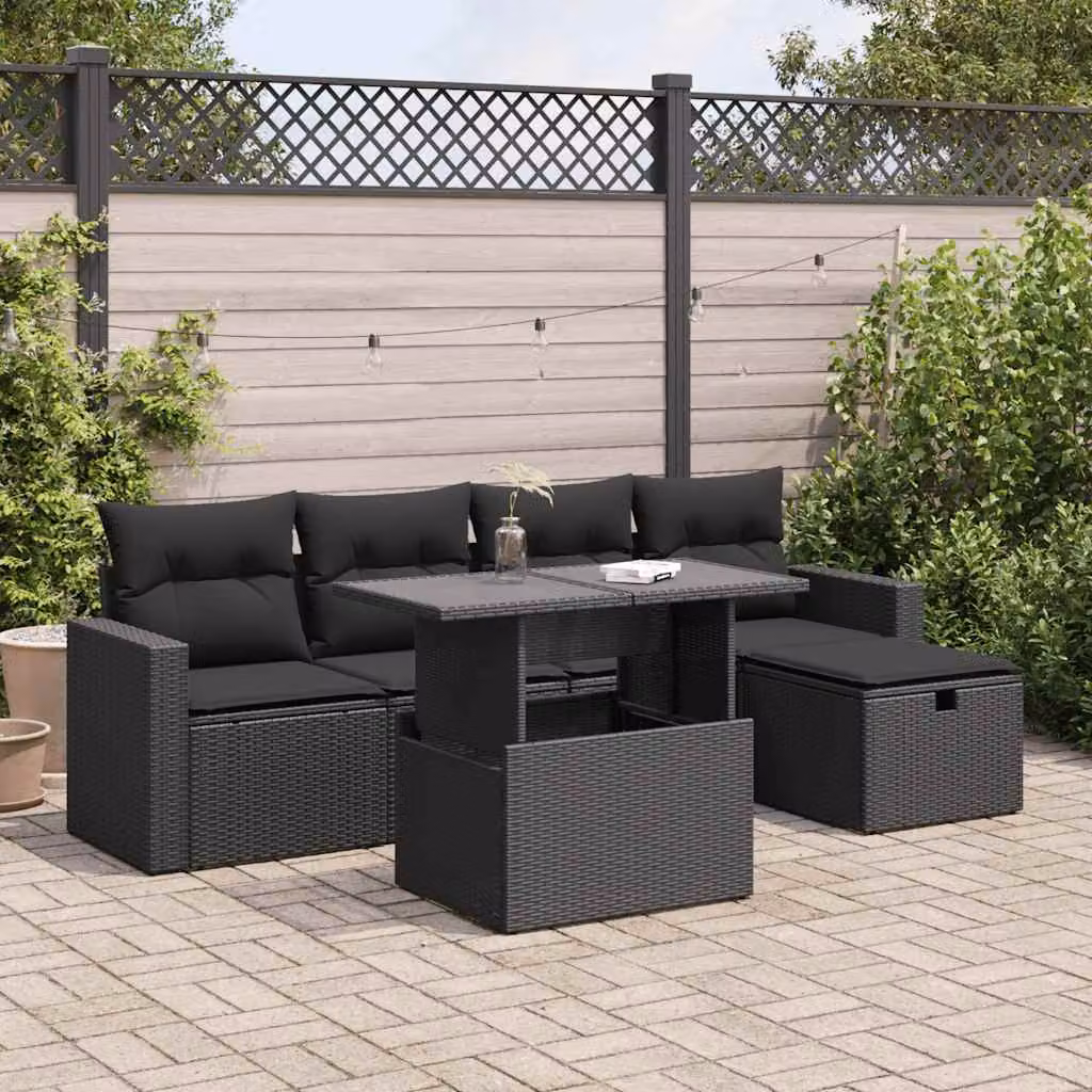 Set Divano da Giardino vidaXL 6 pz in Polyrattan Nero con Cuscini e Tavolino da Esterno a Forma di L