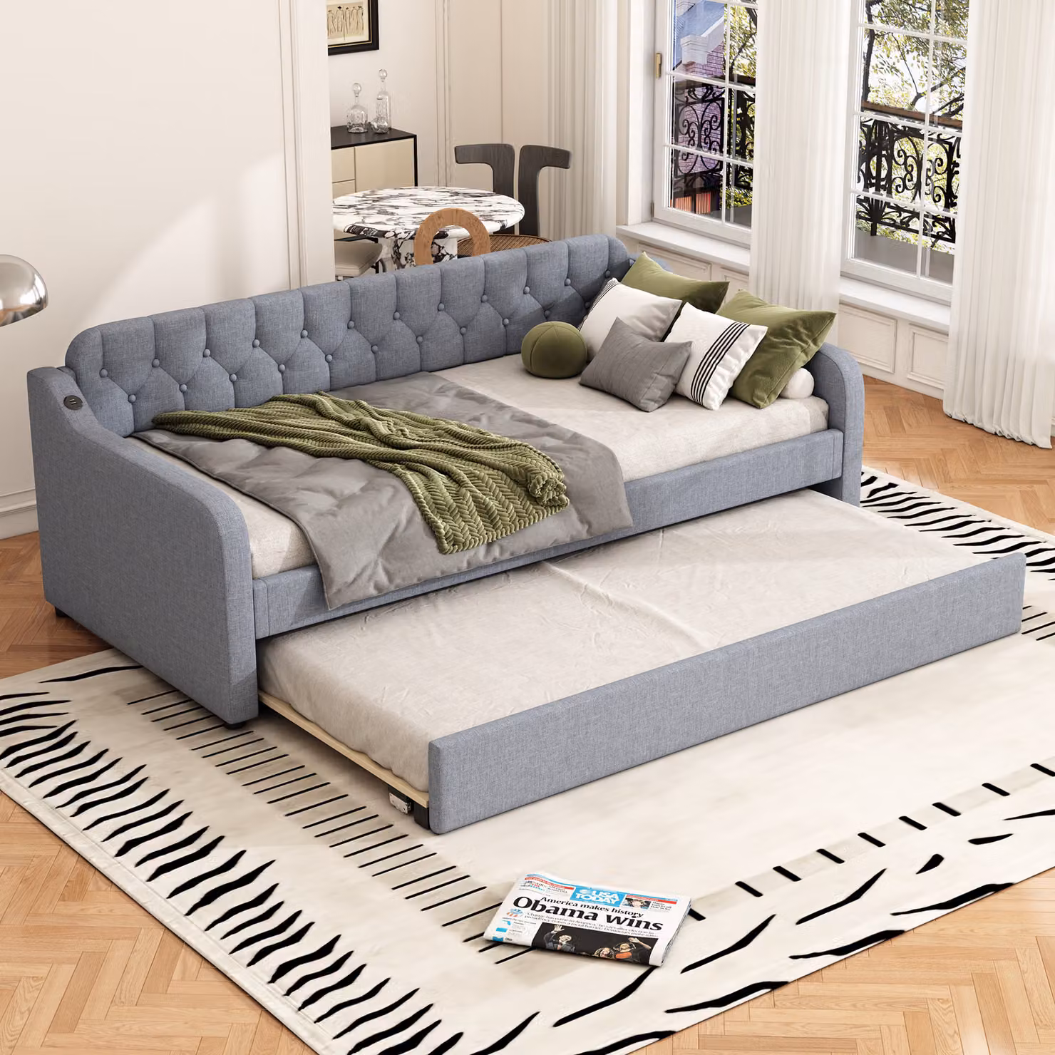 STILVORA Divano letto 90x200, divano letto per bambini e ragazzi in legno con letto estraibile su rotelle e porta USB, grigio (con materasso)