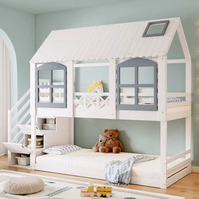 Letto a castello per bambini 90x200 cm in pino e MDF; a casetta con tetto; finestre e scala contenitore; bianco e grigio