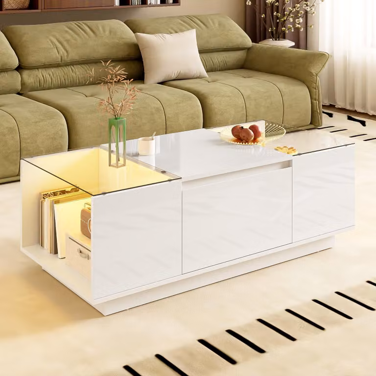 Tavolino da salotto: grande, dal design moderno e minimalista, con piano in vetro e spazio contenitivo