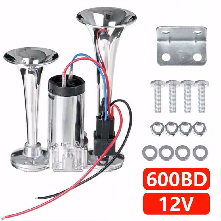 Clacson pneumatico elettrico - 12 V - Design a doppia tromba - Metallo - Compressore elettrico - Cromato - Adatto a diversi modelli