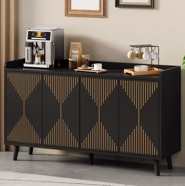 Credenza da cucina con 4 ante e ripiani regolabili 140 x 40 x 84 cm; in MDF nero