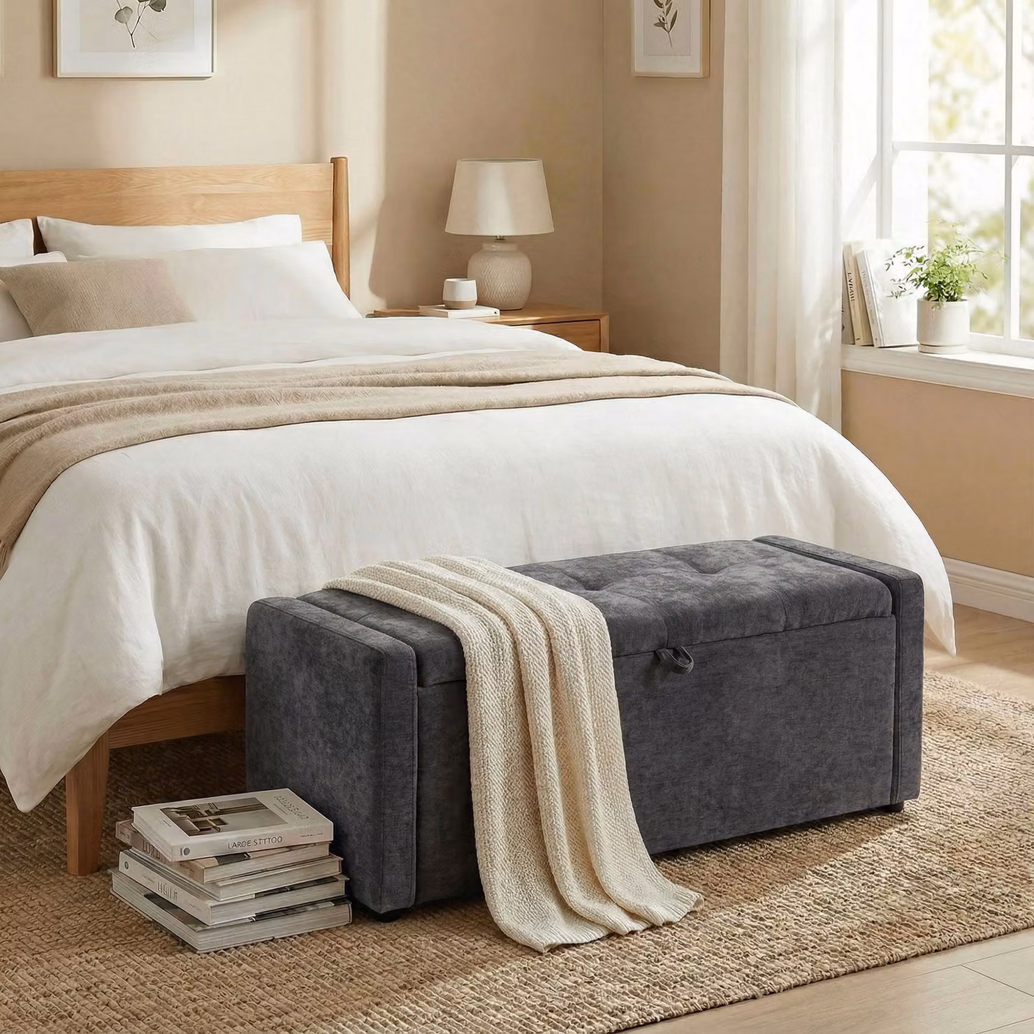 Cassapanca Pouf Contenitore HOMCOM in Lino con Seduta Ampia Imbottita, Capacità 142L, Grigio Scuro – 2