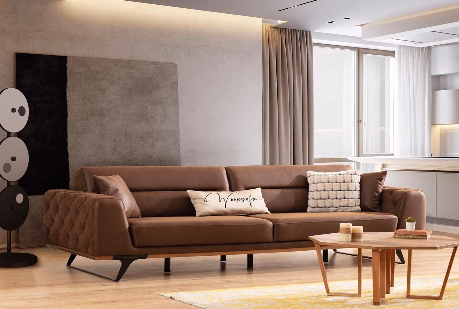 Chesterfield Viersitzer Couch Kunstleder Braun Sofa 4 Sitzer Polster