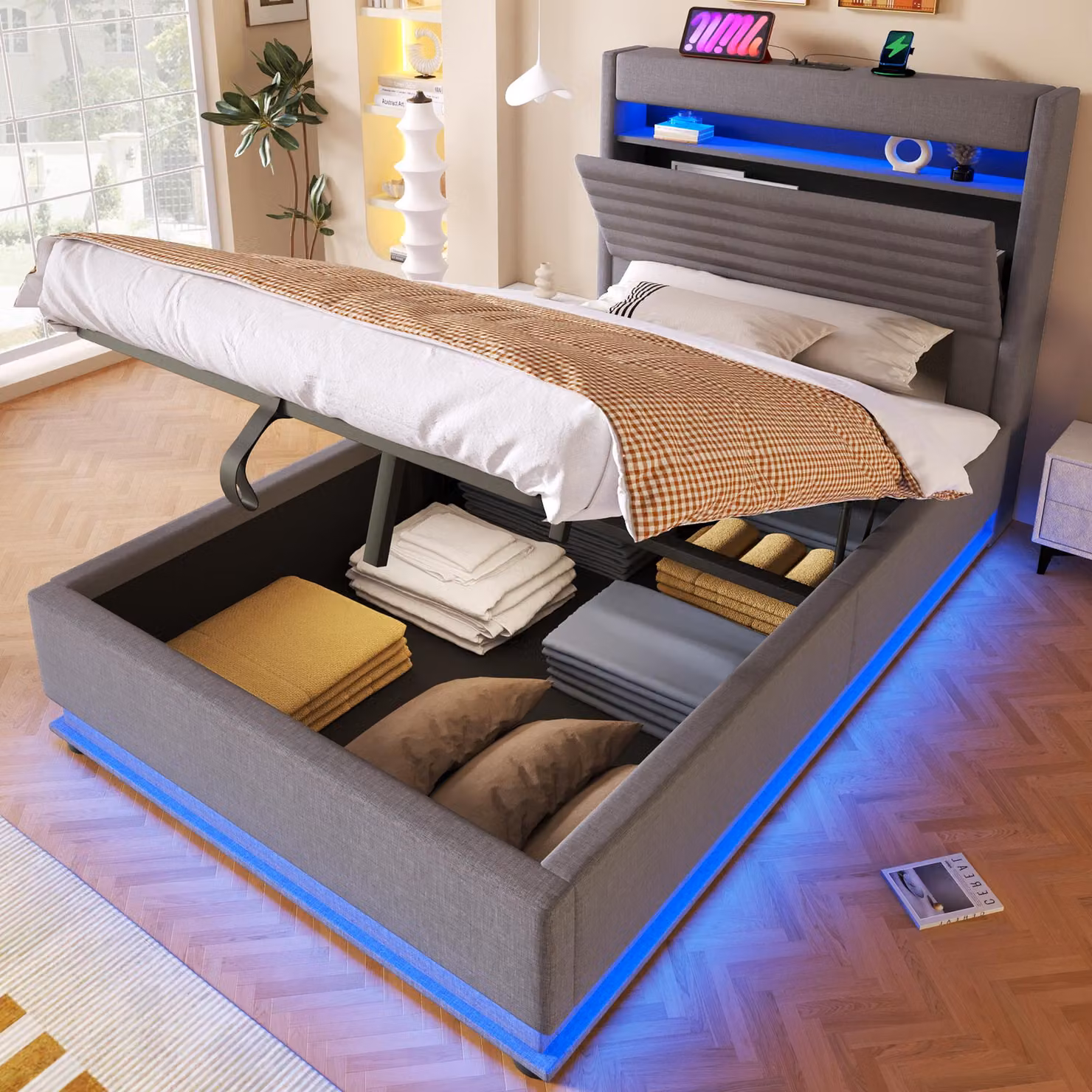 Letto imbottito okwish 90×200 con funzione di ricarica USB Type-C, letto per ragazzi con illuminazione a LED e vano contenitore idraulico, letto con contenitore in grigio, materasso escluso