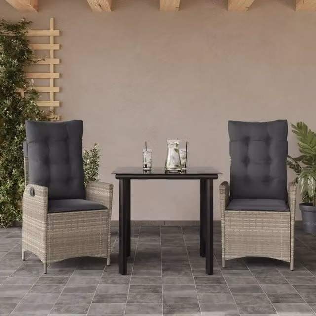 Set Pranzo da Giardino 3 Pezzi vidaXL in Polyrattan con Piano in Vetro e Cuscini Grigio Antracite