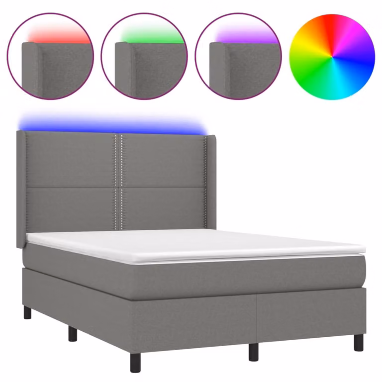 Letto a Molle Materasso e LED Grigio Scuro 140x200cm in Tessuto