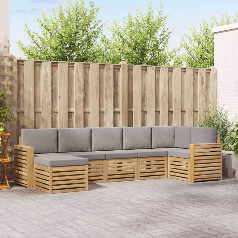 vidaXL Set di divani da esterno a L composto da 7 pezzi in legno di acacia con cuscini, Bianco e Grigio