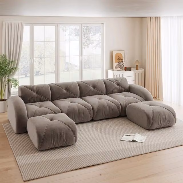 Divano panoramico modulare MIVRAY a 4 posti in tessuto chenille con 2 pouf coordinati per soggiorno, colore taupe/beige/grigio