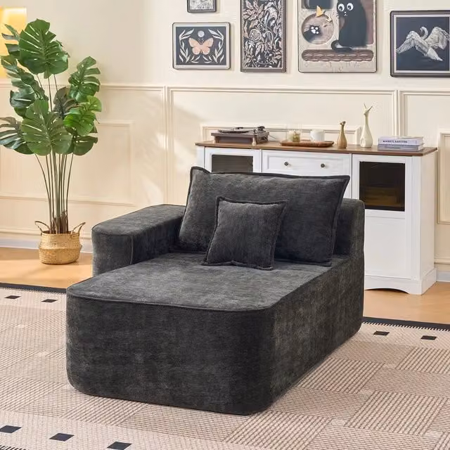 Chaise Longue ¨C Minimal ¨C Nero, in tessuto con cuscini e tasche laterali