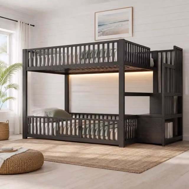 Letto a castello Mivray nero con scala contenitore, illuminazione LED e barriera di sicurezza in metallo e MDF, L/P: 140 x 200 cm
