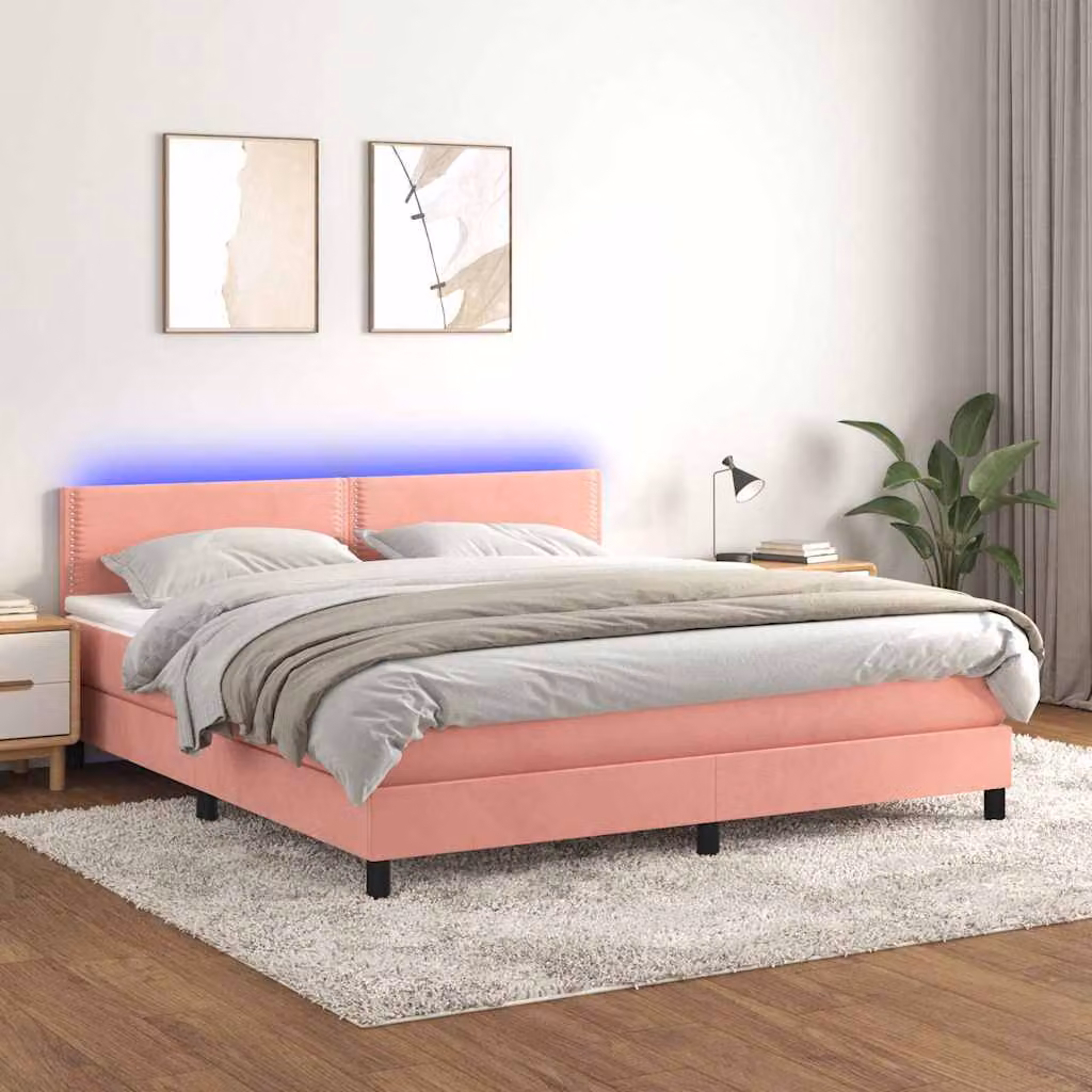 Letto a molle con materasso ibrido vidaXL in velluto rosa e bianco con illuminazione LED e porta USB, L/P: 180 x 200 cm