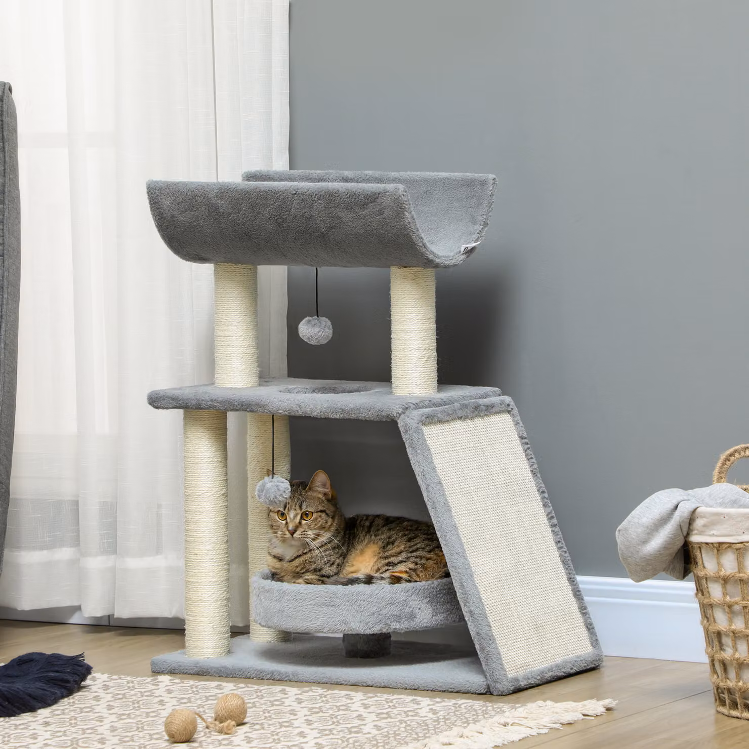 Tiragraffi ad albero per gatti PawHut con letto e giochi in sisal, grigio chiaro, L/P/H: 60 x 30 x 76 cm – 2