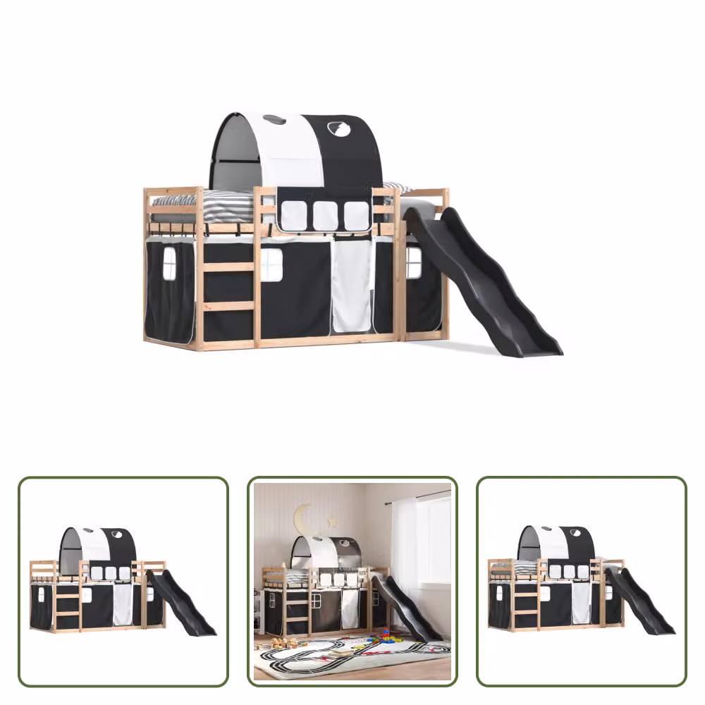 The Living Store Letto a castello con scivolo e tende bianco e nero 80x200 cm
