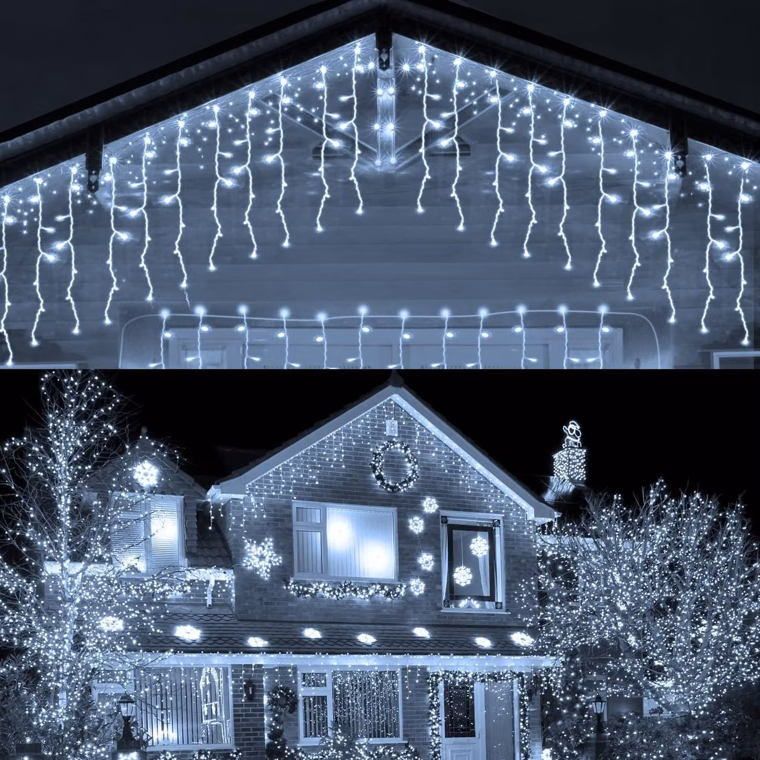 Catena luminosa a LED effetto pioggia di ghiaccio, 400 LED, 10 metri, colore bianco, grado di protezione IP44, con timer