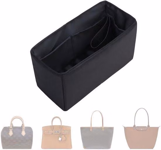 Piccolo organizer in nylon nero, con diverse tasche, pieghevole, dalla consistenza setosa