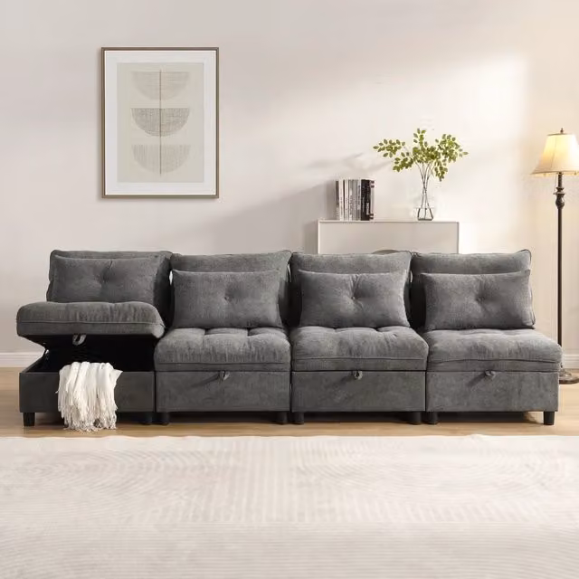 Divano modulare MIVRAY trasformabile in letto con contenitore e 8 cuscini, rivestito in ciniglia grigio, L: 274 cm, P: 87 cm, H: 76 cm, letto 160 x 200 cm