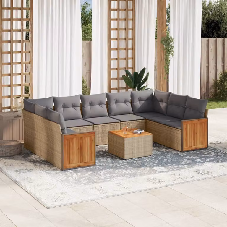 vidaXL Set Divano da Giardino 10 pz in Polyrattan con Cuscini Beige e Struttura in Metallo