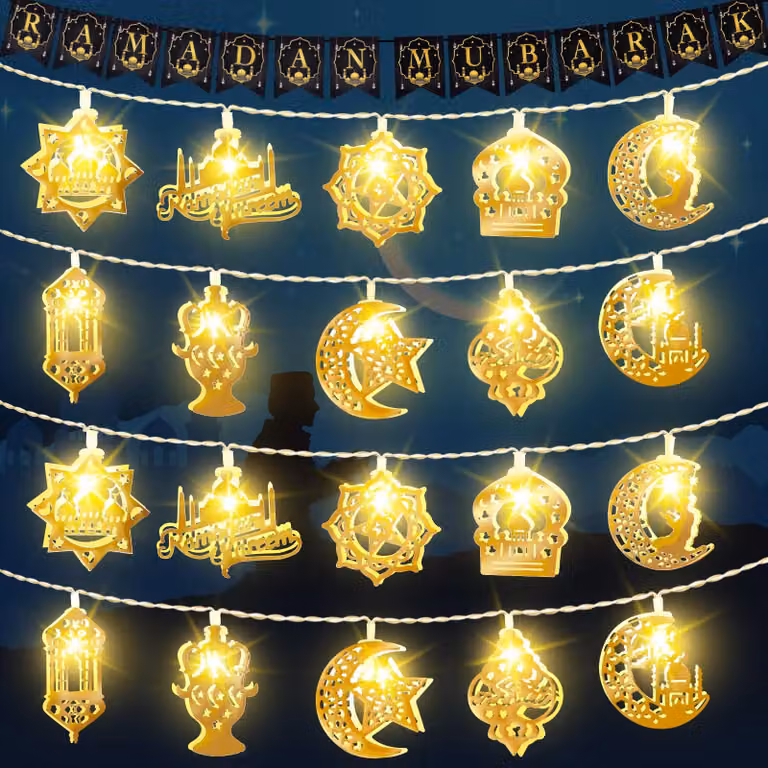 Catena luminosa per Ramadan, 3 metri, 20 LED, color oro, alimentata a batteria, con timer