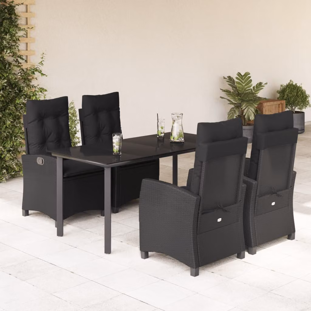 Set da Pranzo da Giardino vidaXL 5 pz in Polyrattan Nero con Piano in Vetro – 1