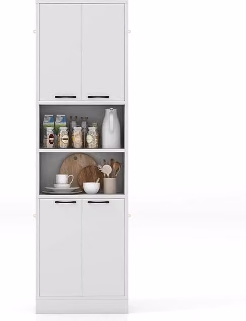 Credenza da Cucina e Mobile Buffet Alto Costway Bianco con 2 Ante e Mensole Aperte L/P/H: 56 x 30 x 190 cm