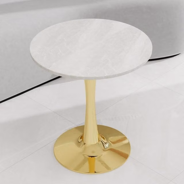 Tavolino basso rotondo OKWISH in marmo artificiale bianco e oro, stile moderno per soggiorno, L/P/H: 77.5 x 77.5 x 15.5 cm
