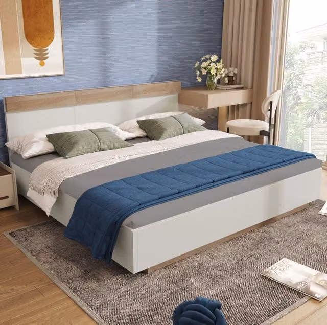 Letto matrimoniale sospeso MODFU con testiera in legno e doghe, L/P: 180 x 200 cm, bianco e rovere