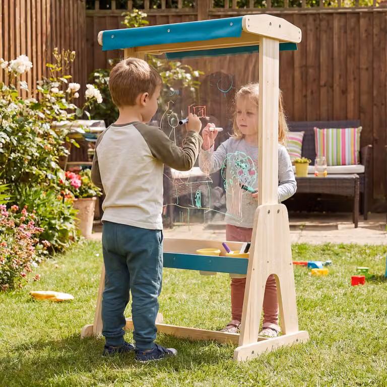 Cavalletto da disegno e pittura esterno Costway in legno per bambini con tettoia parasole e pannello trasparente multicolore