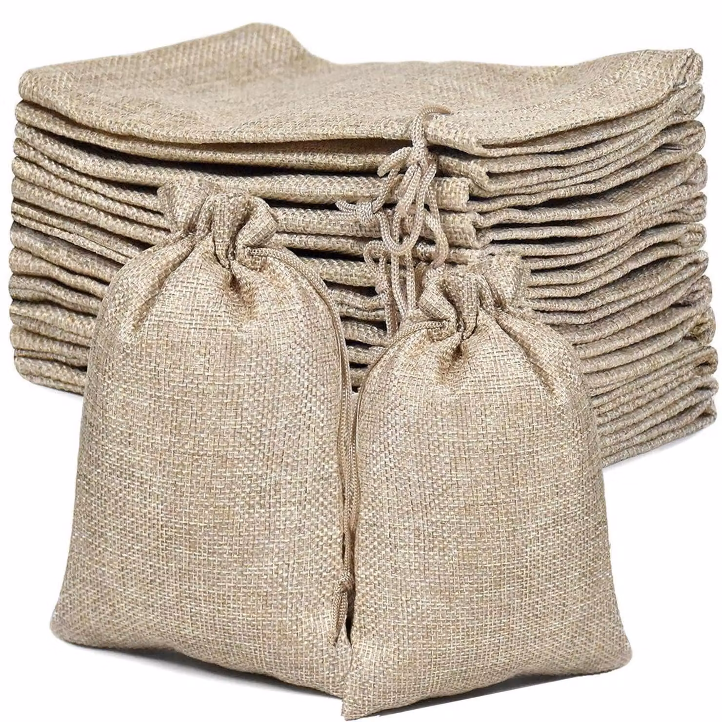 24 sacchetti in juta con coulisse, 2 dimensioni (13x17 cm + 10x14 cm), colori naturali