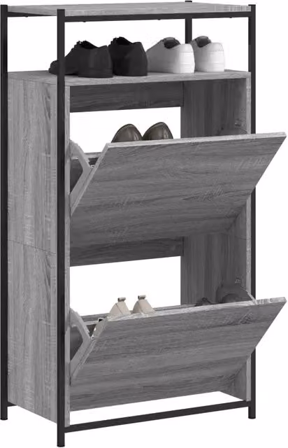 Scarpiera moderna Design Mania in legno grigio opaco con vani a ribalta e ripiani interni, da appendere al muro, L: 60 cm, P: 34 cm, H: 112 cm – 1