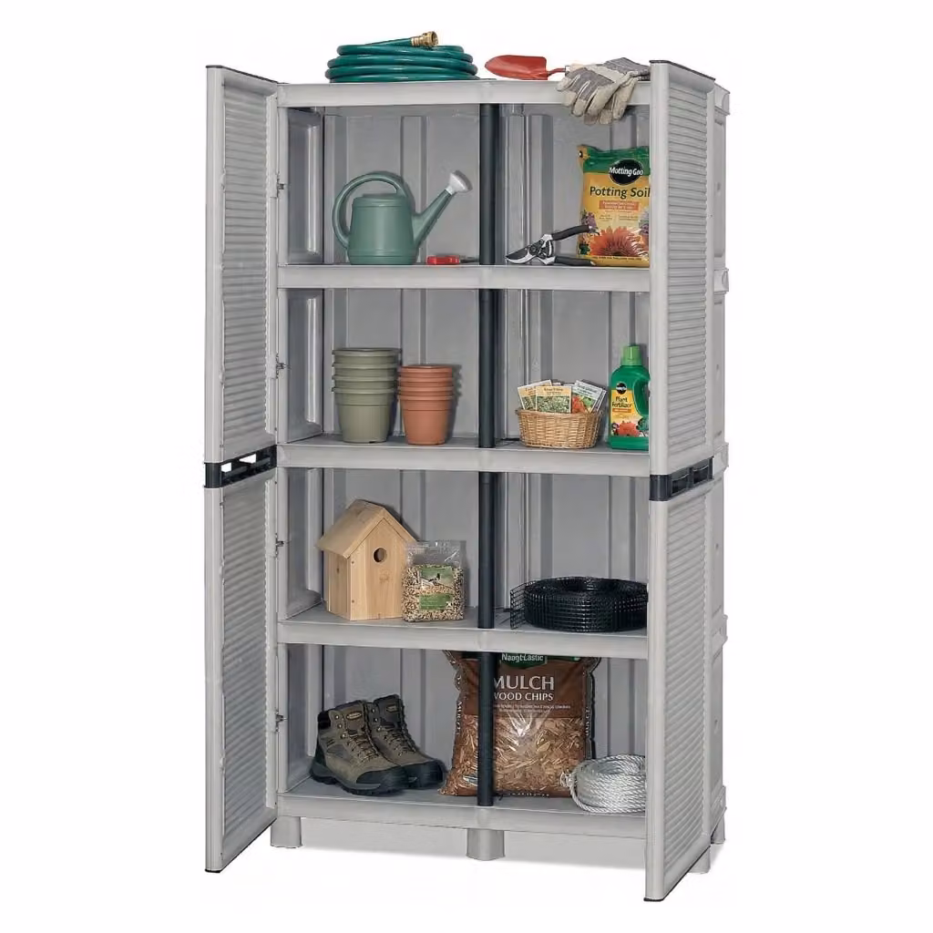 Armadio multiuso da esterno Allain DMORA in polipropilene con 2 ante e 3 ripiani, Grigio chiaro, L: 100 cm, P: 39 cm, H: 172 cm – 2