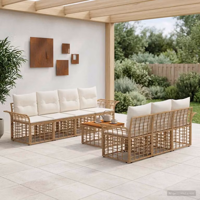 Set di divani da esterno vidaXL in polyrattan 8 pz con tavolino e cuscini, design moderno a L, colori naturale e bianco crema