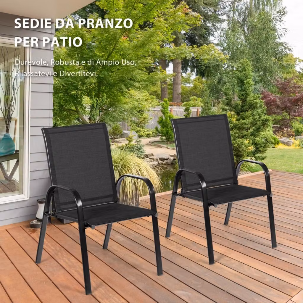 Sedia da giardino moderna con braccioli in metallo nero e tessuto textilene per patio e terrazza – 2